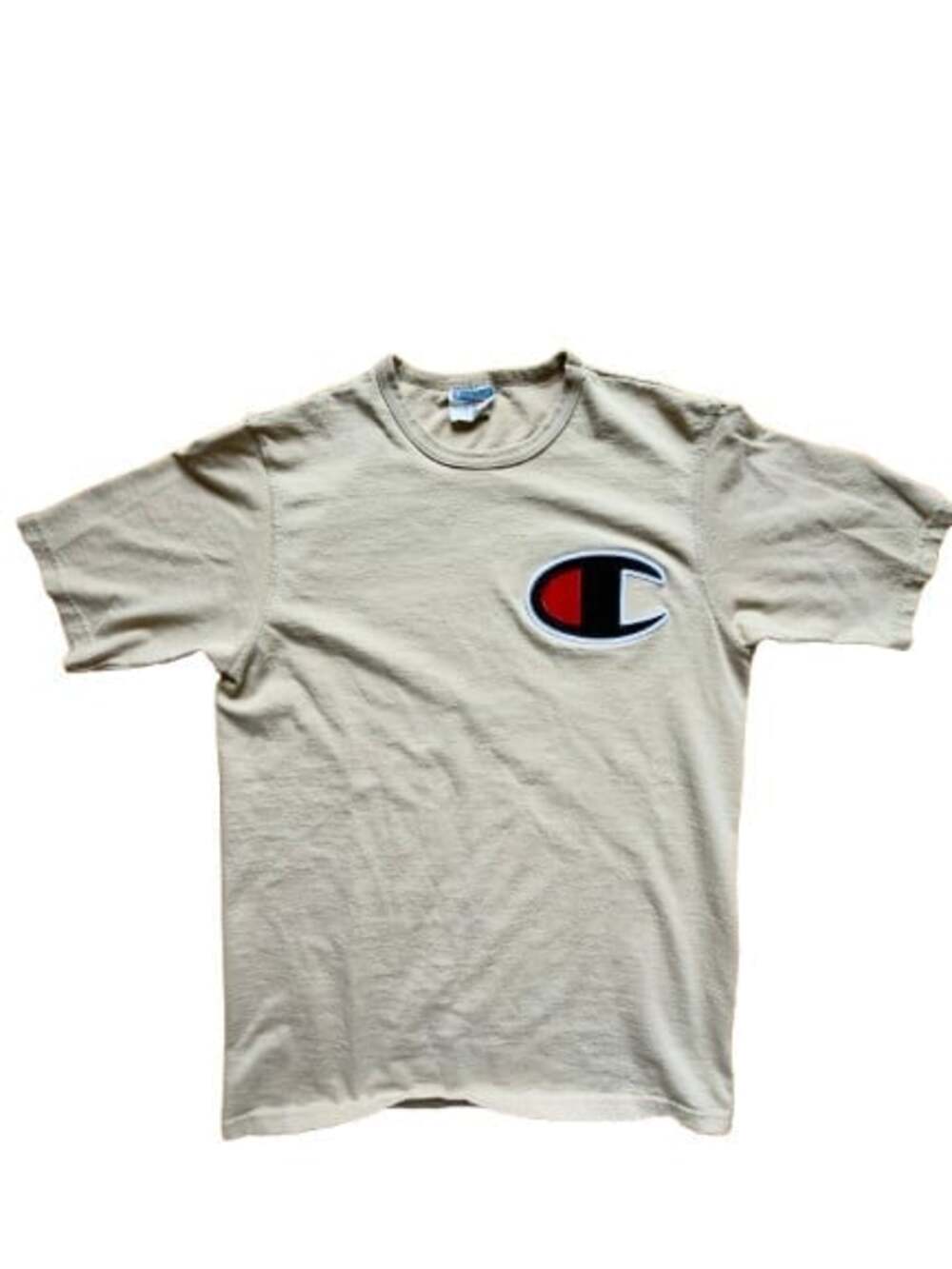 Champion Heavyweight T Shirt Large Beige Big Logo Patch Crewneck Streetwear Mens